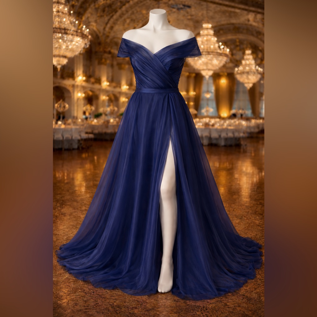 Navy Blue Organza Ball Gown Sz 14 Pleated Off Shoulder Formal Prom Gala
